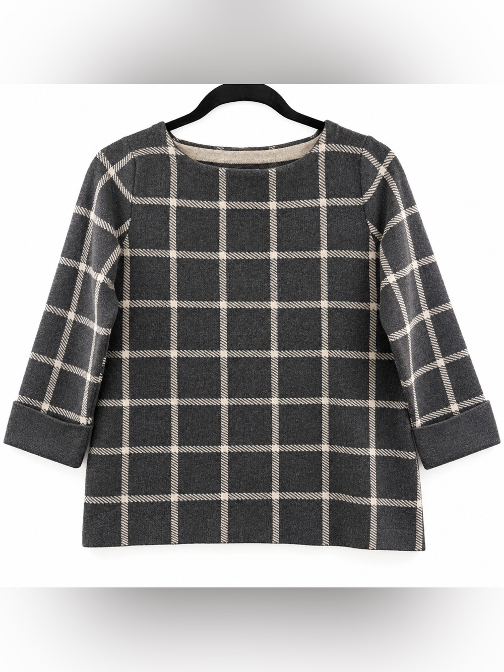 Cynthia Rowley Plaid Windowpane Sweater Gray Cream Size Small